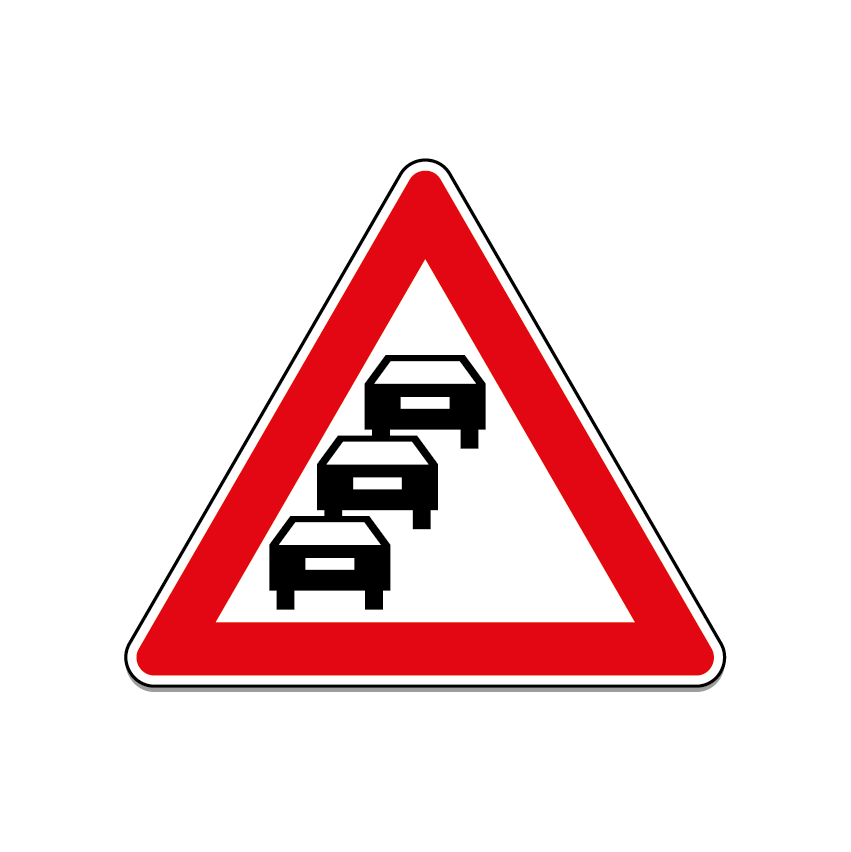 Triangular road sign for queues likely
