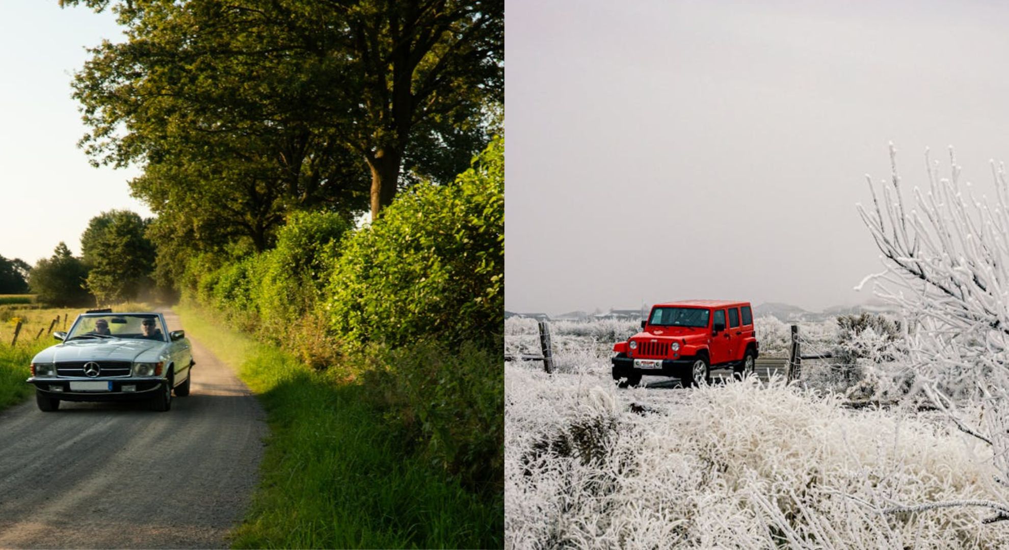 Photo of a 4x4 in winter and a convertible in summer