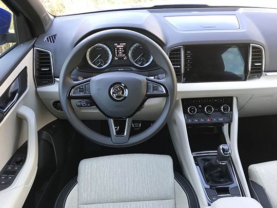 The cabin of the Skoda Karoq has added design flair with muted colours and tactile materials