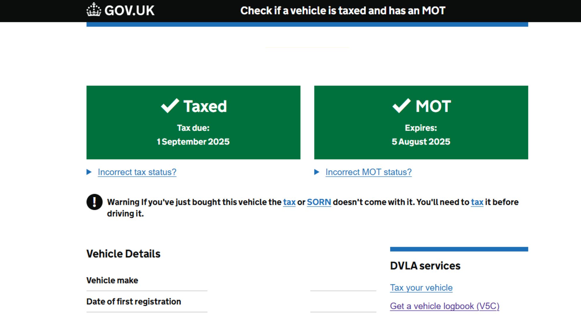 DVLA online vehicle check