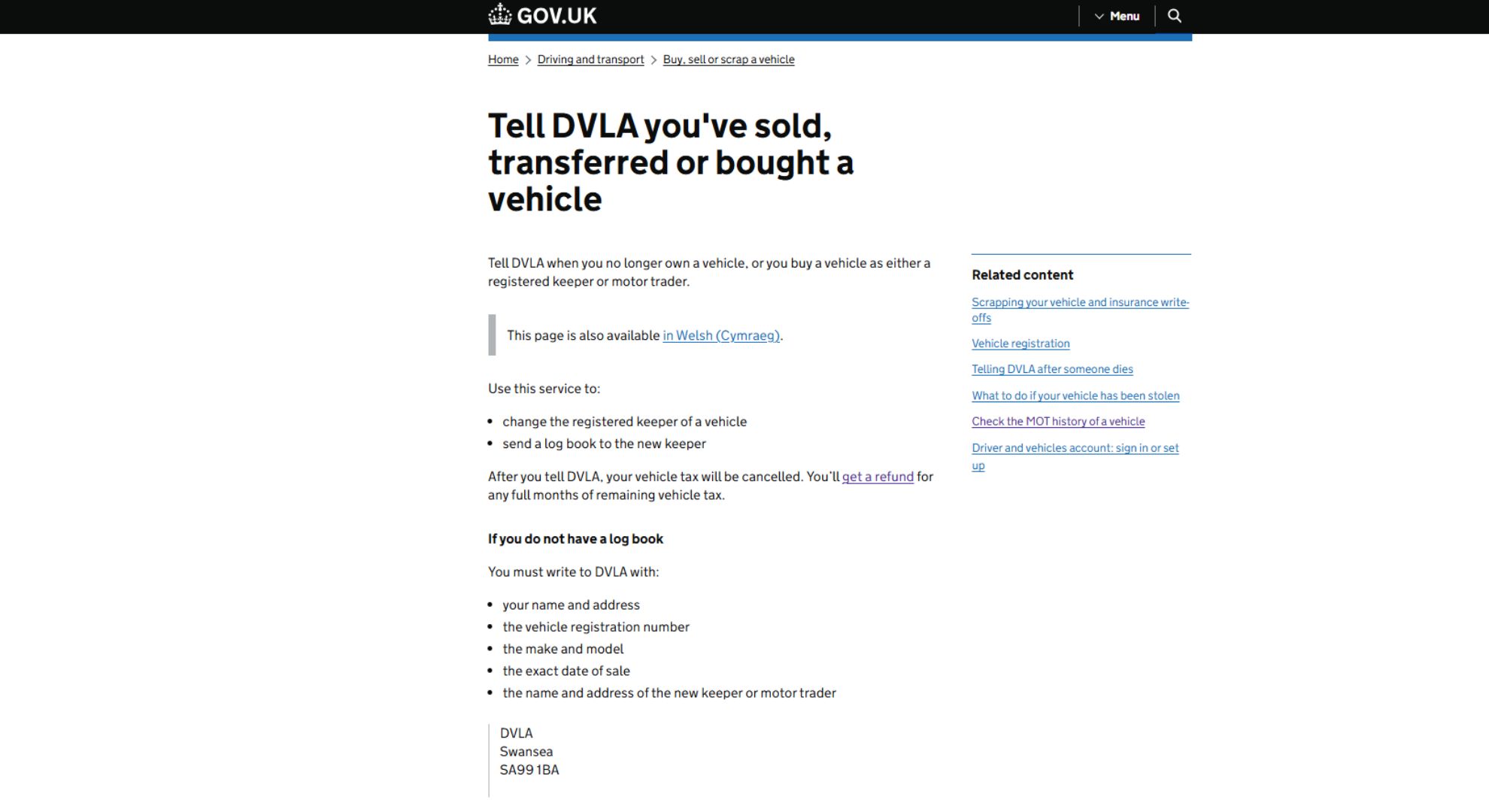 DVLA online service web page