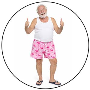 Customer in pink flamingo shorts